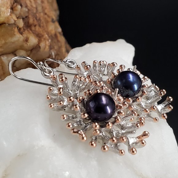 Sterling 925 Silver 14K Gold Unique Designer Earrings Genuine Black Pearls - Picture 4 of 10